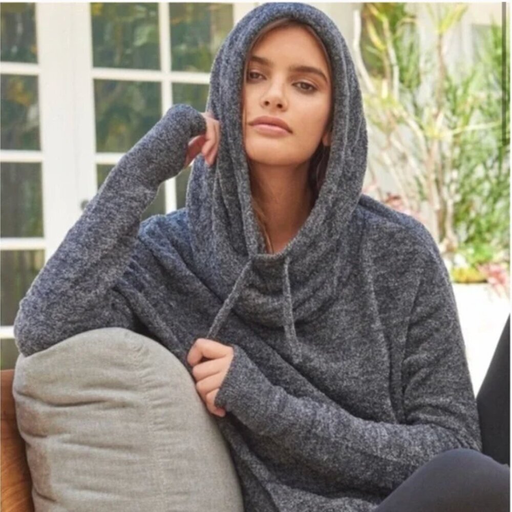 Barefoot Dreams Hoodie Cozychic Lite Knit Pebble Beach Cowl Neck 906 Blue Small